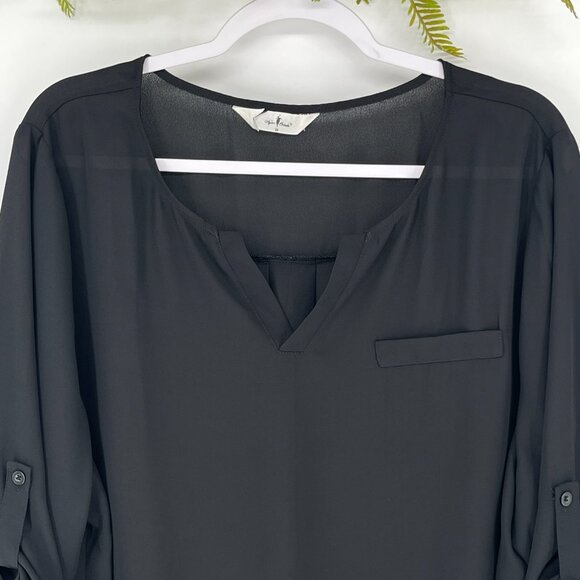 Agnes Orinda Black Roll Tab Sleeve Blouse 3X Sheer Chiffon Tunic Office Holiday - Picture 2 of 9